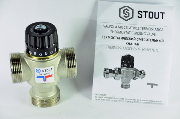 Клапан 3-Ходовой термостатический смесительный 1 1/4" (с центр. смешением;Kv 3,5; t:35-60С) STOUT Клапан 3-Ходовой термостатический смесительный 1 1/4" (с центр. смешением;Kv 3,5; t:35-60С) STOUT