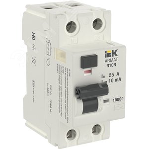 Выключатель дифференциального тока УЗО R10N 10кА 2P (1п+NP) 25А 10мА тип AC ARMAT IEK Выключатель дифференциального тока УЗО R10N 10кА 2P (1п+NP) 25А 10мА тип AC ARMAT IEK