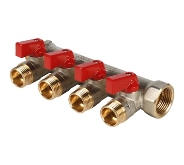 Коллектор 3/4"х1/2"х4 гш шар/кран ник. (красные ручки) STOUT Коллектор 3/4"х1/2"х4 гш шар/кран ник. (красные ручки) STOUT