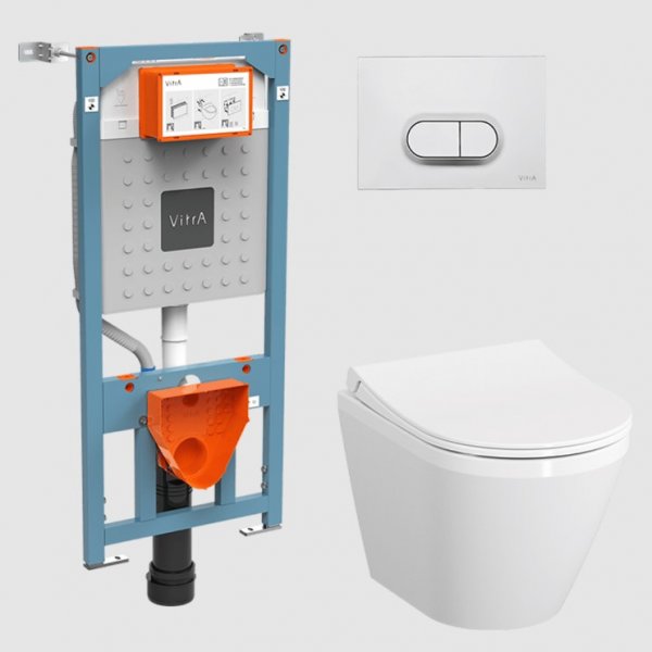 Инсталляция Комплект: Подвесной безободковый унитаз VitrA Integra Round L-box с дюропластовой крышкой, с микролифтом + инсталляция + Кнопка Инсталляция Комплект: Подвесной безободковый унитаз VitrA Integra Round L-box с дюропластовой крышкой, с микролифтом + инсталляция + Кнопка