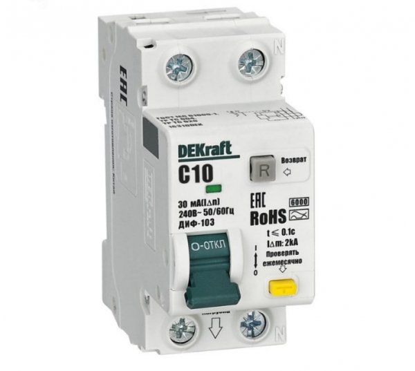 Выключатель автоматический дифференциальный 1P+N 10А 30мА AC х-ка C ДИФ-103 6кА (16310DEK) Dekraft Выключатель автоматический дифференциальный 1P+N 10А 30мА AC х-ка C ДИФ-103 6кА (16310DEK) Dekraft