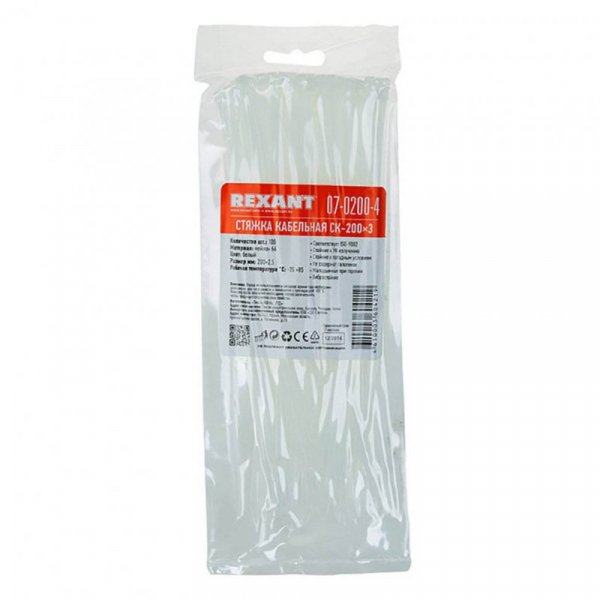 Хомут-стяжка 2,5*200 (100 шт) REXANT Хомут-стяжка 2,5*200 (100 шт) REXANT