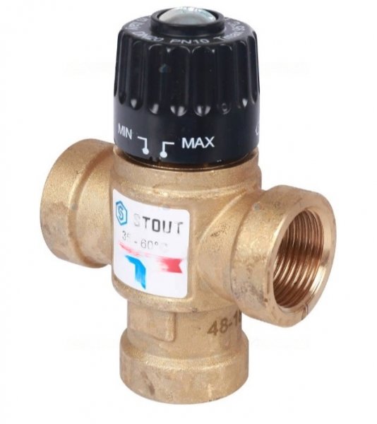 Клапан 3-Ходовой термостатический смесительный 3/4" ВР (с боковым смешением; Kv 1,6;t:35-60С) STOUT Клапан 3-Ходовой термостатический смесительный 3/4" ВР (с боковым смешением; Kv 1,6;t:35-60С) STOUT
