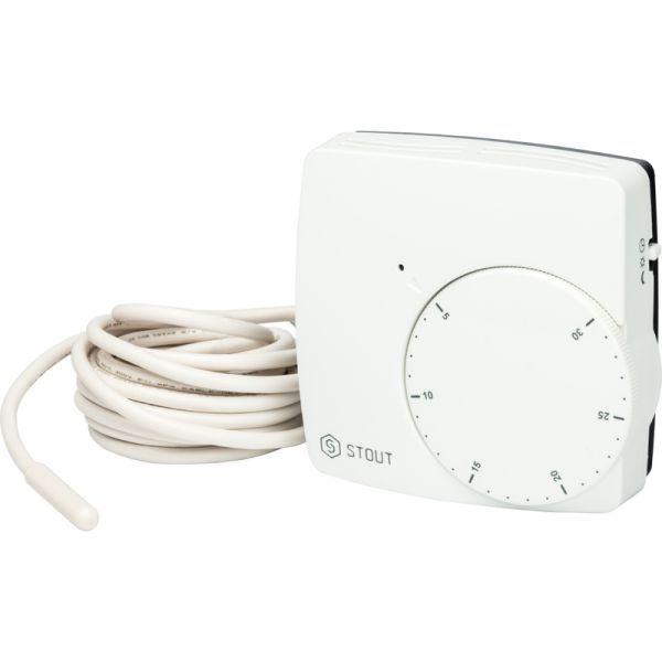 Электронный проводной термостат комнатный WFHT-DUAL включ. дистанционный датчик «в пол» L=3 м STOUT Электронный проводной термостат комнатный WFHT-DUAL включ. дистанционный датчик «в пол» L=3 м STOUT
