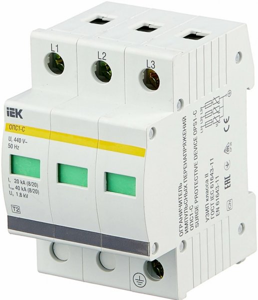 Ограничитель перенапряжения трехполюсный ОПС1-C 3п 20кА 400В класс 2(C) MOP20-3-C IEK Ограничитель перенапряжения трехполюсный ОПС1-C 3п 20кА 400В класс 2(C) MOP20-3-C IEK