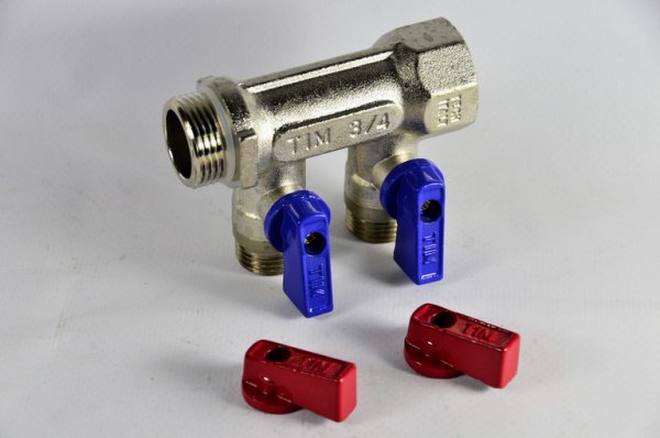 Коллектор 3/4"х1/2"х2 гш шар/кран ник. под конус TIM Коллектор 3/4"х1/2"х2 гш шар/кран ник. под конус TIM