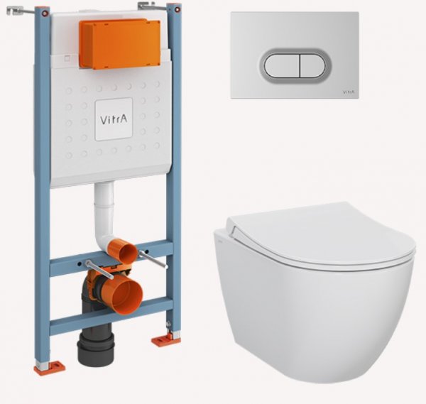 Инсталляция Комплект: Безободковый подвесной унитаз VitrA Mia Round + тонкое дюропластовое сиденье микролифт, кнопка мат. хром Инсталляция Комплект: Безободковый подвесной унитаз VitrA Mia Round + тонкое дюропластовое сиденье микролифт, кнопка мат. хром